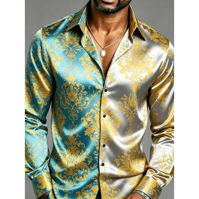 Mens Satin Silk Dress Shirt - Saten İpek Uzun Kollu Barok Çiçek