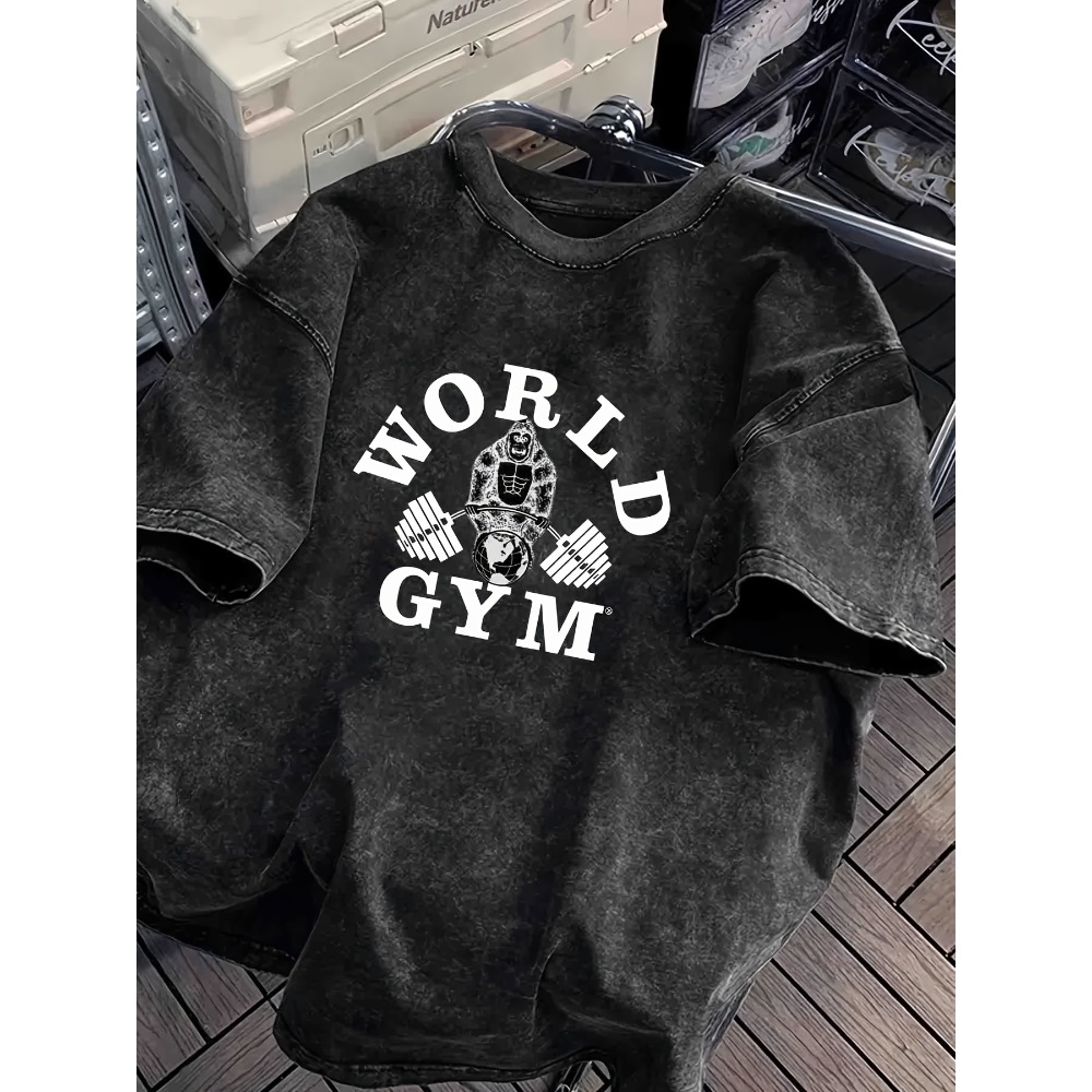 Acid Wash Vintage Graphic T Shirt - World Gym Gorilla Ağırlık Kaldırma Tişörtü