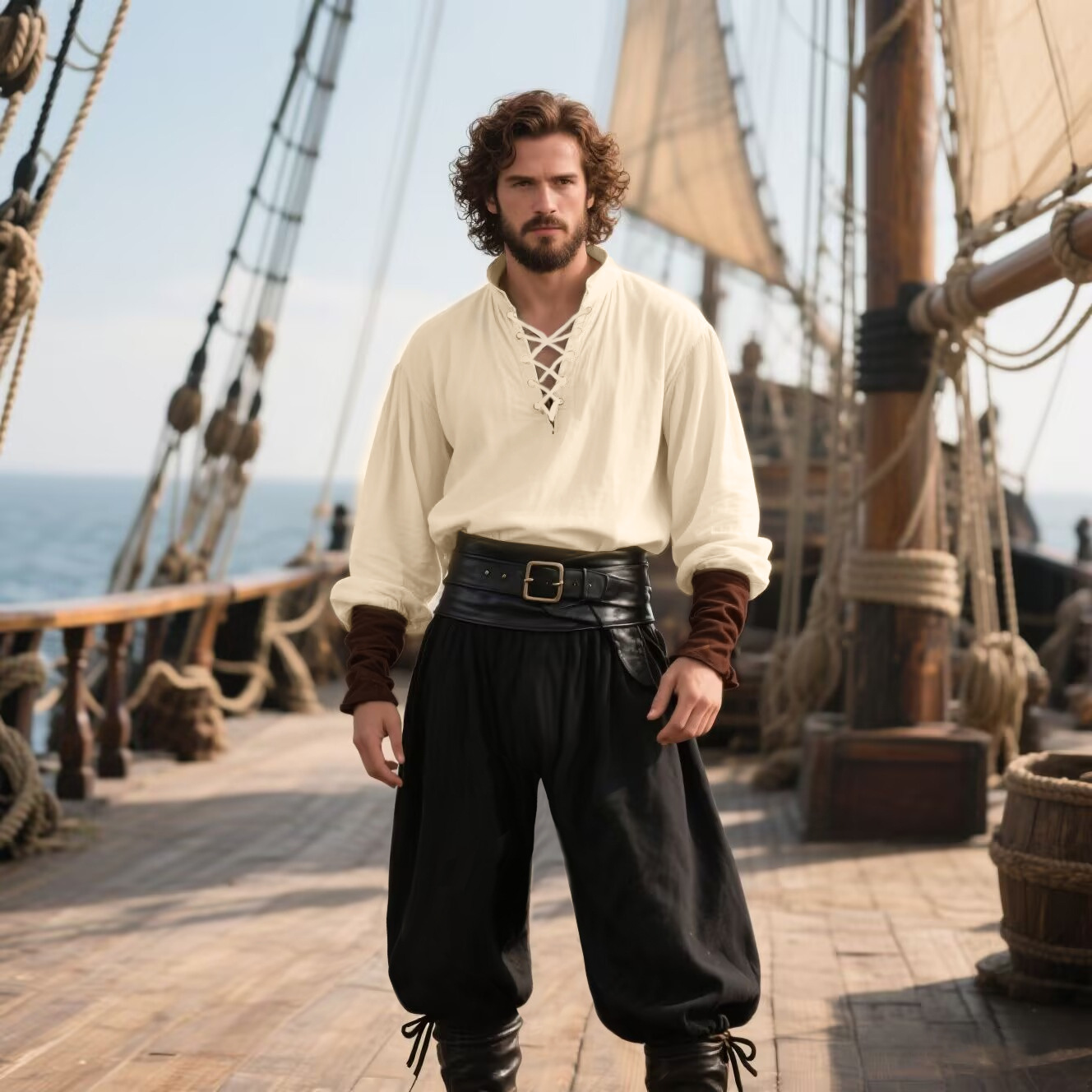 Erkek Ortaçağ Rönesans LARP Gö - Medieval Gothic Lace Up Pirate Shirt incelemesi ve fiyatı